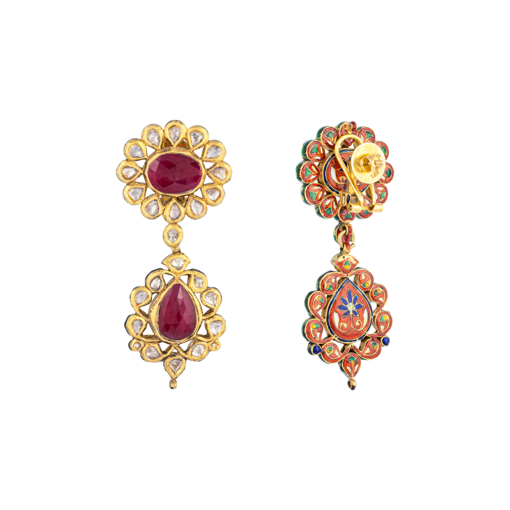 Floral Polki Earrings with Ruby Center & Teardrop Accents